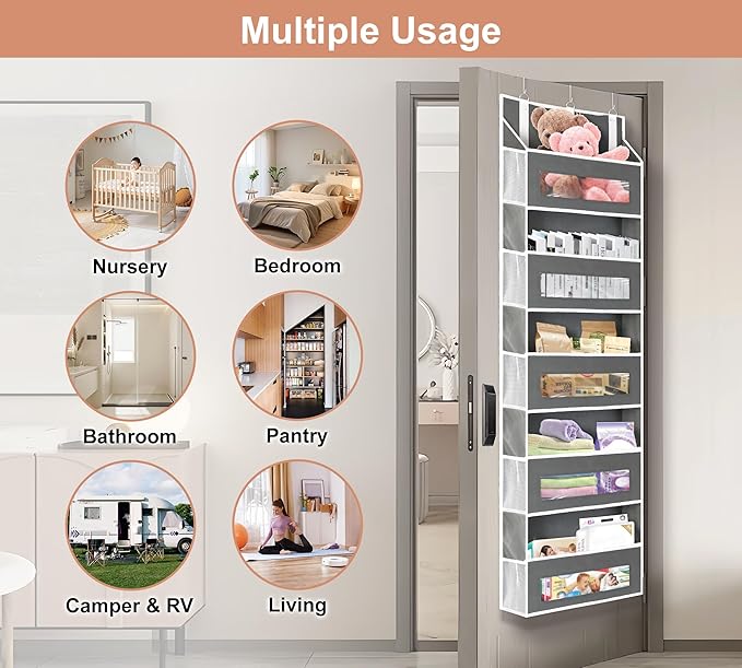 5-Tier Over The Door Storage Organizer with 10 Side Mesh Pockets, 48 lbs Load Capacity, 3 Hooks Design, Door Hanging Organizer with Clear Windows for Bathroom, Bedroom, Nursery, Kitchen-Grey