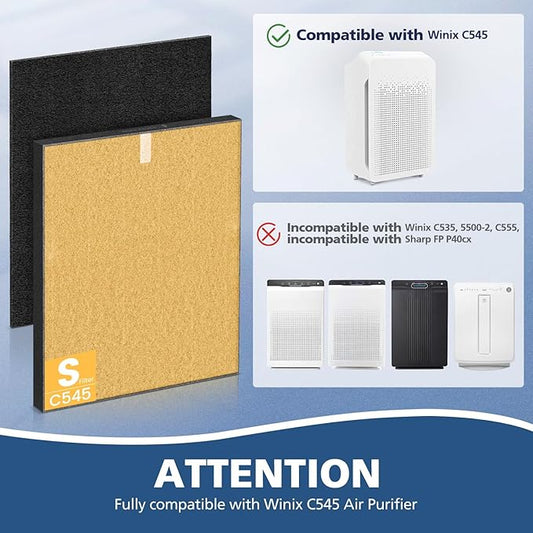 2 Pack C545 HEPA Pet Replacement Filter S Compatible with Winix C545 Air Purifier, Replaces Part 1712-0096-00 and 2522-0058-00, 2 HEPA Filter + 8 Activated Carbon Filters, Yellow