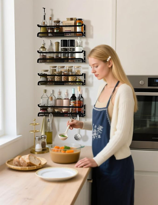 Spice Rack Wall Mount with Hooks - Spice Racks Organizer for Cabinet Storage, Wall Mounted Hanging Shelf Seasoning Organizer, for Kitchen, Pantry Door, Bathroom (Black, 2 Pack)