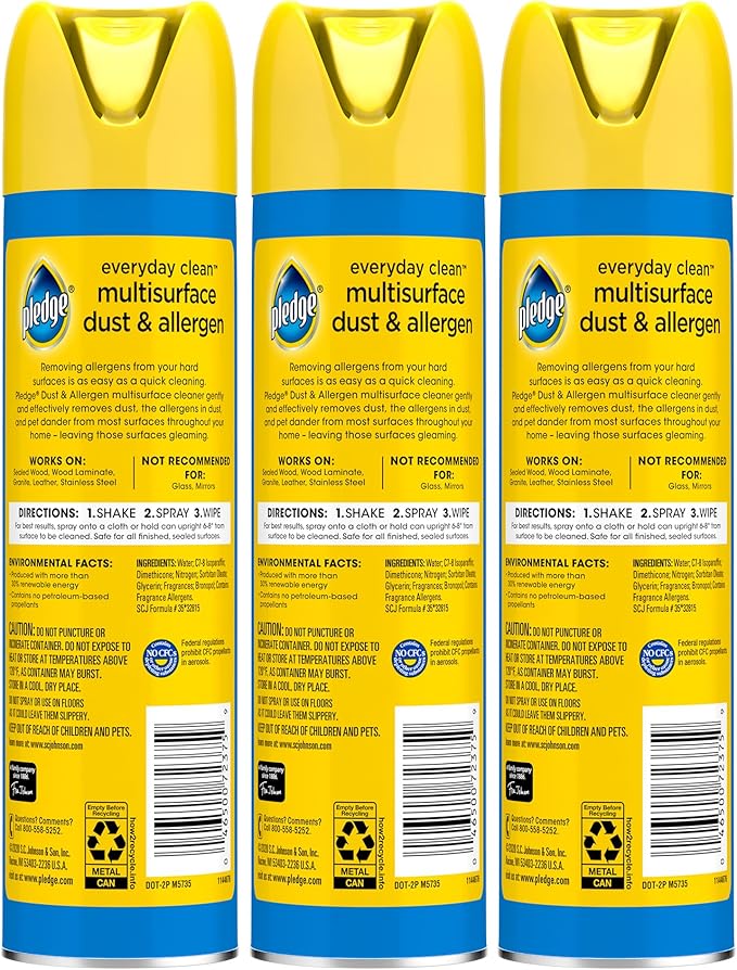 Pledge Dust & Allergen Multisurface Cleaner, Aerosol Spray, Lemon Scent, 9.7oz (Pack of 3)