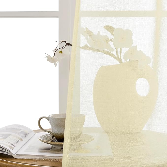 Tollpiz Sheer Door Curtains Closet Linen Textured Curtains Sheer Doorway Light Filtering Voile Rod French Door Pocket Curtain Patio Door, 25 x 72 inches Long, Transparent Yellow, Set of 1 Panel