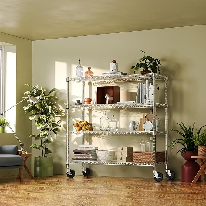 IZEUK 4-Tier Heavy Duty Metal Wire Shelving Unit, Adjustable Storage Rack Organizer for Garage, Kitchen, Office, Pantry, Warehouse (Chrome, 17.7" D x 47.2" W x 59.1" H)