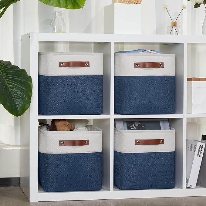 DULLEMELO [Set of 4 Storage Cubes Baskets for Organizing, 11 x 11 x 11 inch Cube Storage Organizer Bins with Leather Handles, Foldable Fabric Cloth Bins for Cube Storage(4 Pack - 11" White&Blue)