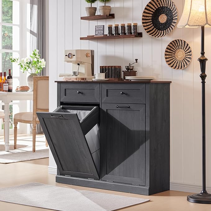 Double Tilt Out Laundry Hamper Cabinet, 20 Gallon Farmhouse Trash Can Cabinet with Drawer, Hidden Wood Garbage Can Bin Cabinet with Laundry Storage Basket for Bathroom, Kitchen, Dark Grey