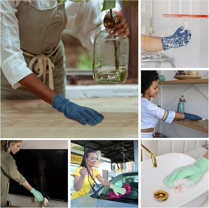 Patelai 2 Pairs Microfiber Gloves for plants Dusting Cleaning Glove Mittens House Cars Blinds Dusting(Blue, Grass Green, Large)