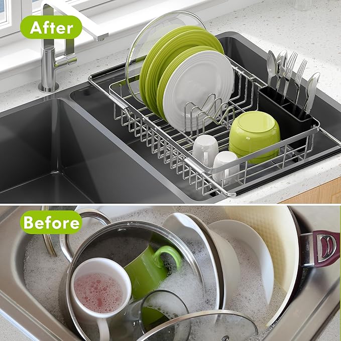 JASIWAY Dish Drying Rack in Sink, Expandable Stainless Steel Dish Drainer for Kitchen Sink, Dish Strainer Rack, Retractable Over Sink Dish Rack with Utensil Holder, 13.1''~16.6''D x 11.8''W, Silver