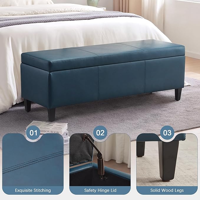 HUIMO Faux Leather Storage Ottoman Bench 50.3 Inch Extra Long PU Upholstered Bedroom Bench with Large Storage Space for The Living Room, Entryway, Bedroom Hold Up to 300lbs (Peacock Blue)
