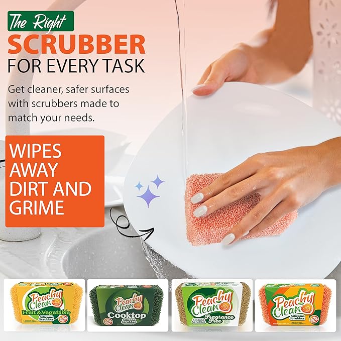 Peachy Clean Silicone Dish Sponge Scrubbers, Fresh Peach Scent, Non-Scratch, Odor-Resistant, Durable Dish Sponges for Kitchen
