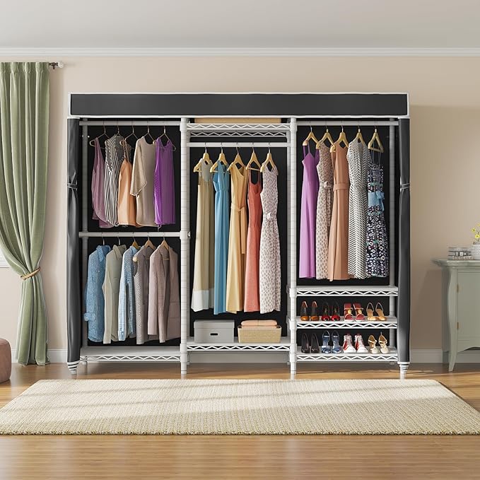 VIPEK V5C Bedroom Armoires Portable Clothes Closet Rack, White Metal Clothing Rack with Black Cover, Adjustable Custom Freestanding Closet Wardrobe Heavy Duty Covered Clothes Rack, Max Load 890LBS