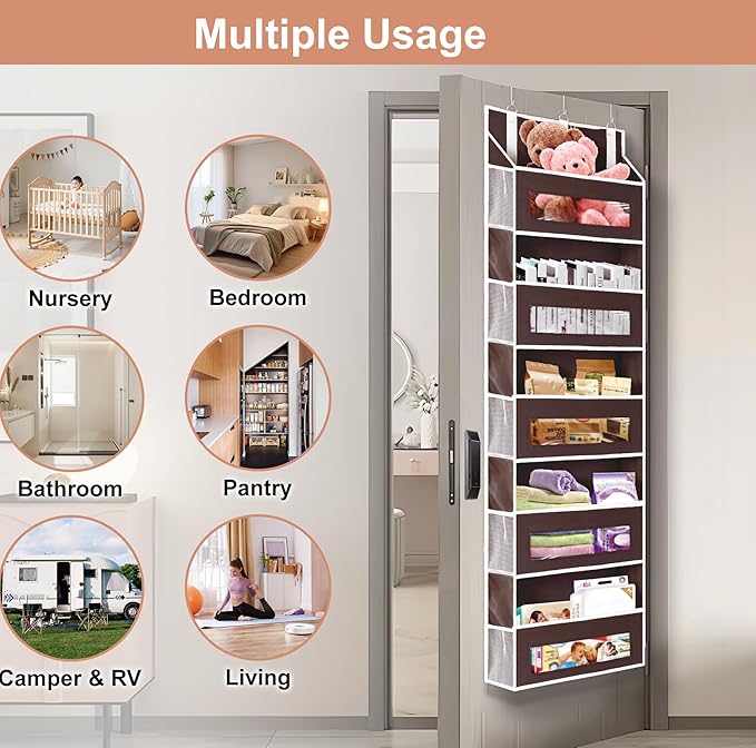 2 Packs 5-Tier Over the Door Storage Organizer with 10 Side Mesh Pockets, 48 lbs Load Capacity, 3 Hooks Design, Hanging Organizer with Clear Windows for Bathroom, Bedroom, Nursery, Kitchen-Brown