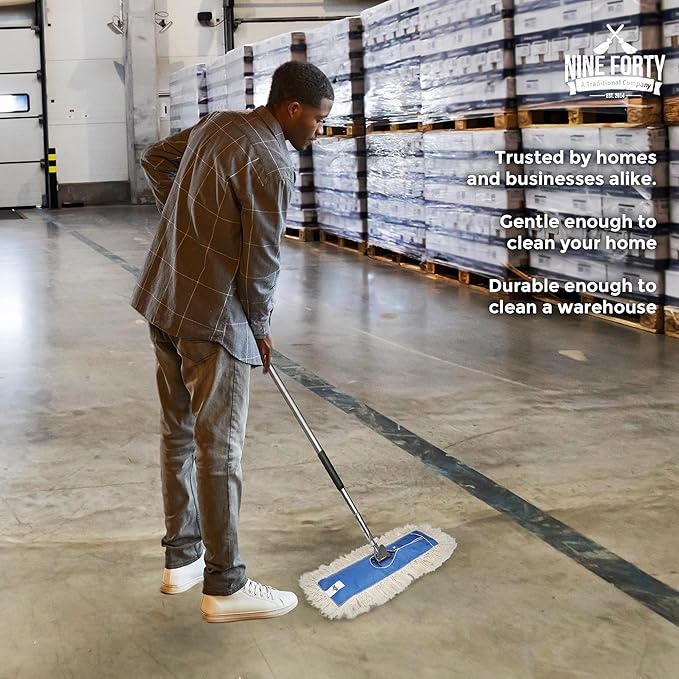 Nine Forty 24" Premium Cotton Dust Mop Kit - Heavy Duty Mop Head with Handle for Industrial, Commercial, and Residential Cleaning - Dry Floor Duster for Hardwood Surfaces - White