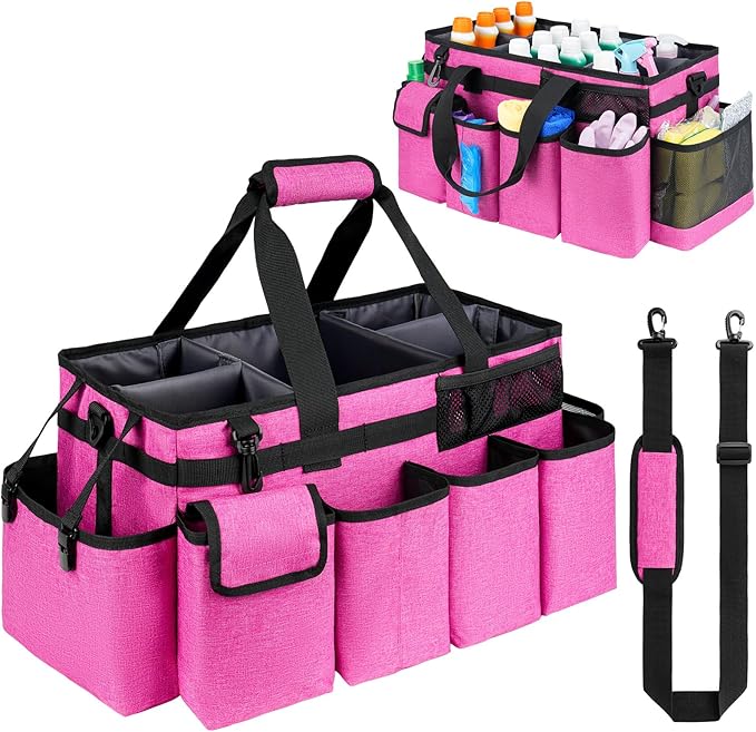 Cleaning Caddy Bag,Extra Large Cleaning Supplies Organizer with Handle for Housekeepers,Red