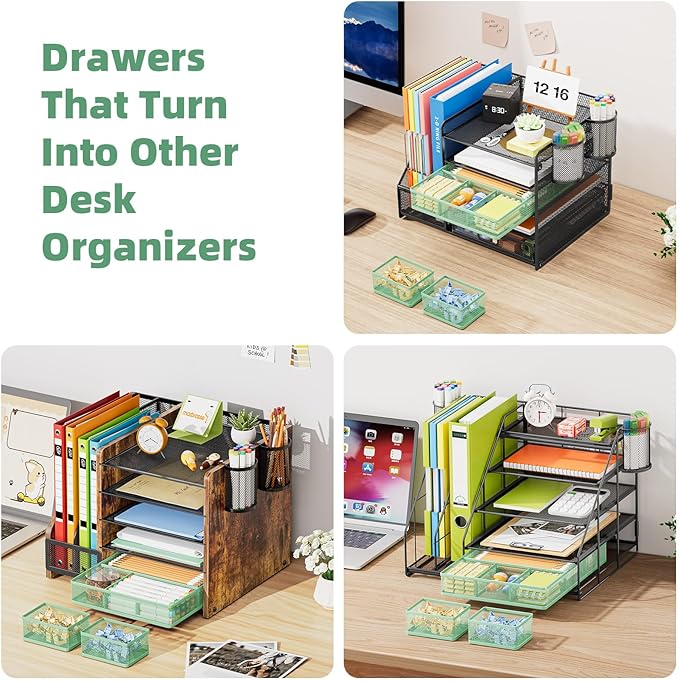 Marbrasse 3 Packs Desk Drawer Organizers, Metal Mesh Dividers with 9 Adjustable Compartments, Pen Organizer for Drawer Tray Box Accessories for Desktop,Kitchen, Makeup(Green)