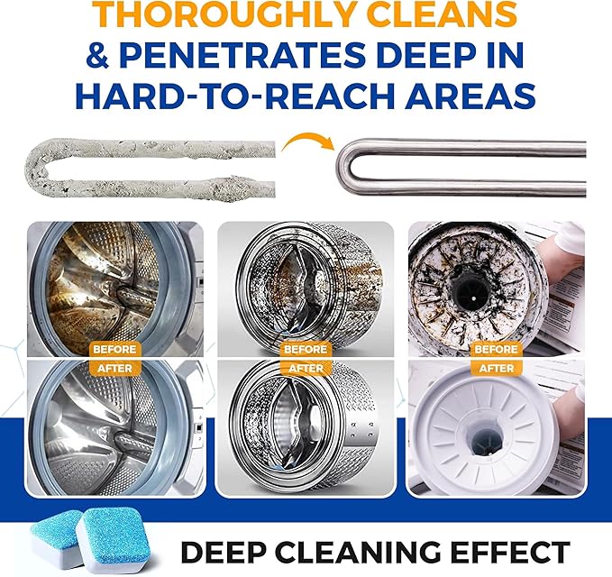 Washing Machine Cleaner Tablets 24 pack Powerful Descaler -Deep Cleaning for HE Front Loader & Top Load Washer Septic Safe Eco-Friendly Deodorizer Clean Drum & Laundry Tub Seal- Year's Supply