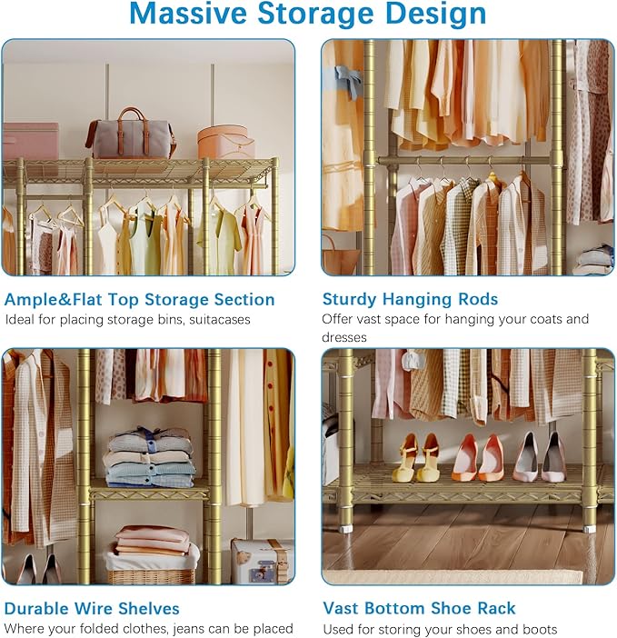 VIPEK V50 Extra Large Portable Closet Rack Bedroom Armoire Freestanding Wardrobe Closet, Heavy Duty Clothes Rack Multi-Functional Metal Clothing Rack for Hanging Clothes, Max Load 1300lbs, Gold