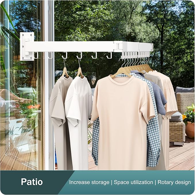 Wall Mounted Clothes Drying Rack, Collapsible, Folding, Retractable - Clothes Hanging Rack (Hooks, White)