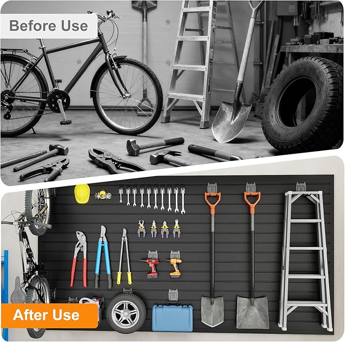DoCred Slatwall Paneling Organizer, 4x7.5 FT PVC Garage Slat Wall Storage Systems, Heavy Duty Mounted Slat Peg Board for Tool Organization Ladder Bike Includes 27 PCS Hooks Accessories Kit (Black)