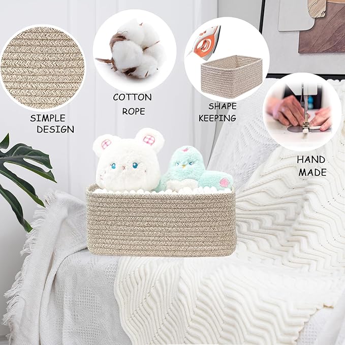 COMFY-HOMI 13" x 8.5" x 5.1" Storage Baskets for Organizing | Cotton Rope Woven Basket | Toy Storage Bin Box | Basket for Shelves, Closet Organizer Bin, Decorative Closet Shelf, 3 Pack, All brown
