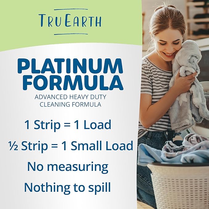 Tru Earth Platinum - Heavy Duty Laundry Detergent Sheets - Up to 64 Loads (32 Count), Fragrance Free - Ultra-Concentrated Strips Formula - Eco-Friendly Laundry Sheets