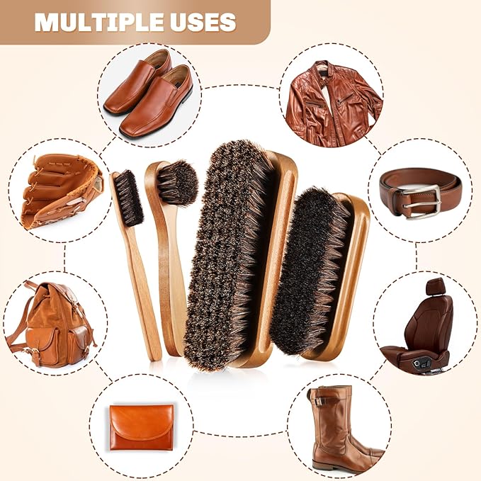 4 Pcs Horsehair Shine Shoes Brush Kit Polish Dauber Applicators Cleaning Leather Shoes Boots Care Brushes Suede Cleaner Brush with Microfiber Shoe Cloth(Wooden Style A)