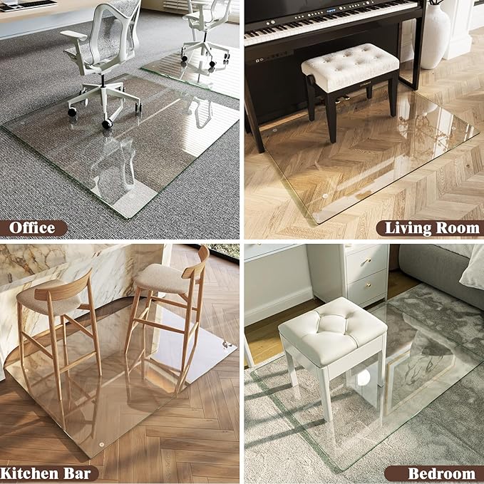 Koonmi Tempered Glass Chair Mat 60"x46" - Premium Office Chair Mat for Hardwood Floors & Low-Pile Carpet with 4 Non-Slip Pads - Thick Scratch-Resistant Surface