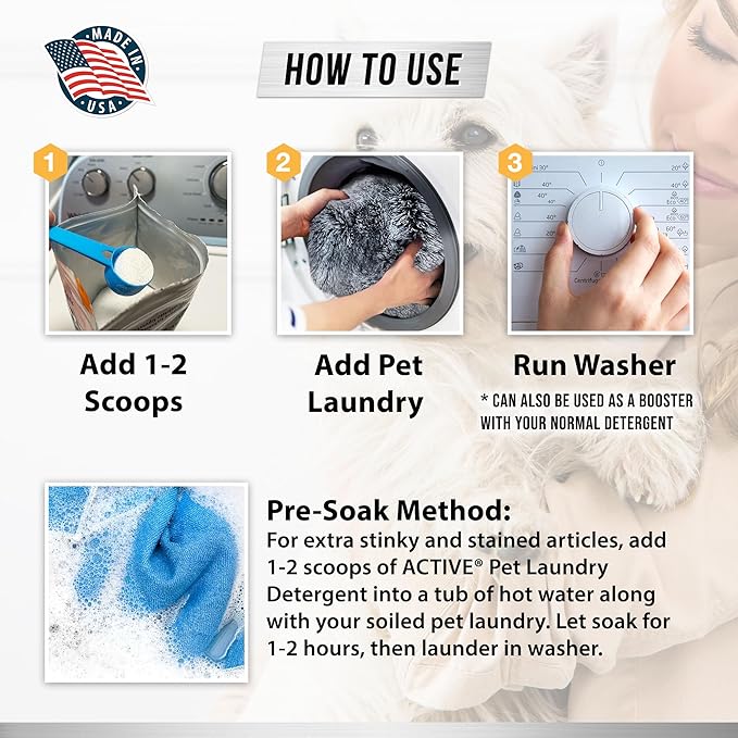 Pet Laundry Detergent Odor Remover - ACTIVE Enzyme Based Powder Detergent for Dogs Beds, Cat Pee, HE Washer Friendly Natural Enzymatic Deodorizer, Urine, Smell, Dog Drool, Stain Eliminator - 64 Loads