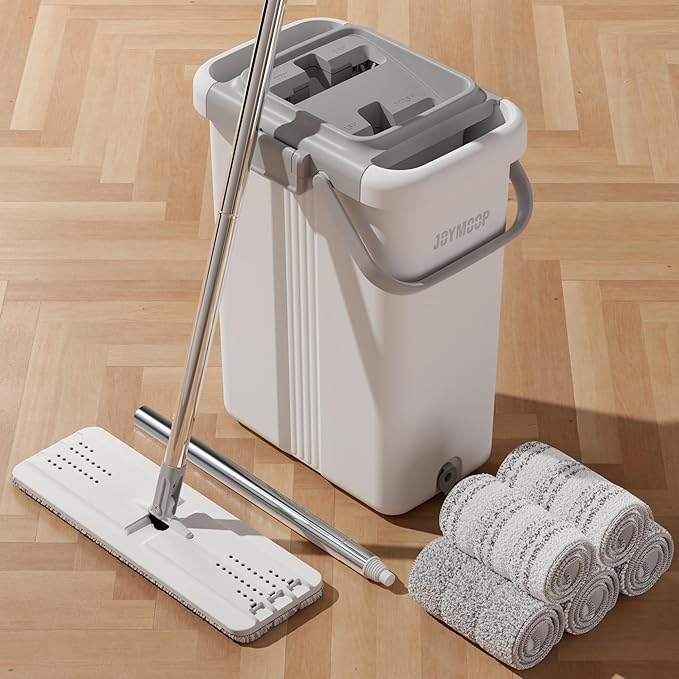 JOYMOOP Mop and Bucket with Wringer Set, Flat Squeeze Mop with Bucket (X-Large), Dust Mop for Wall Cleaner with Long Handle, Microfiber Mop - White Bucket with 5 Reusable 15" Pads