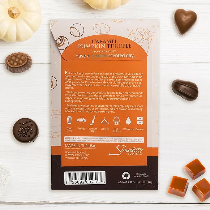 Floral Simplicity Caramel Pumpkin Truffle Scented Sachets Pack of 3, Fall & Winter - Long-Lasting Scented Bags, Home Fragrance, Air Freshener & Deodorizer for Closet, Room, or Cars, Made in USA