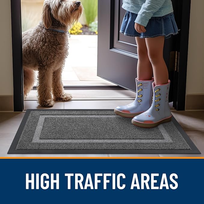 OLANLY Front Door Mat Indoor Outdoor Entrance, Waterproof All-Season, All-Weather Doormat, Sturdy Natural Rubber, Fade Resistant, Low Profile, Easy Clean Patio Porch Entryway Mat, 59x35, Dark Grey