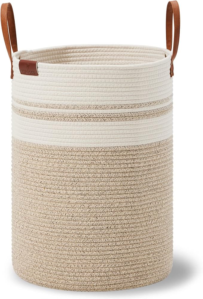 VIPOSCO Small Laundry Basket, Slim Baby Hamper with Leather Handle, Cute Woven Rope Storage Basket for Blanket, Kids Toy, Clothes In Living Room, Bathroom, Bedroom, Nursery Room - 30L Brown & White