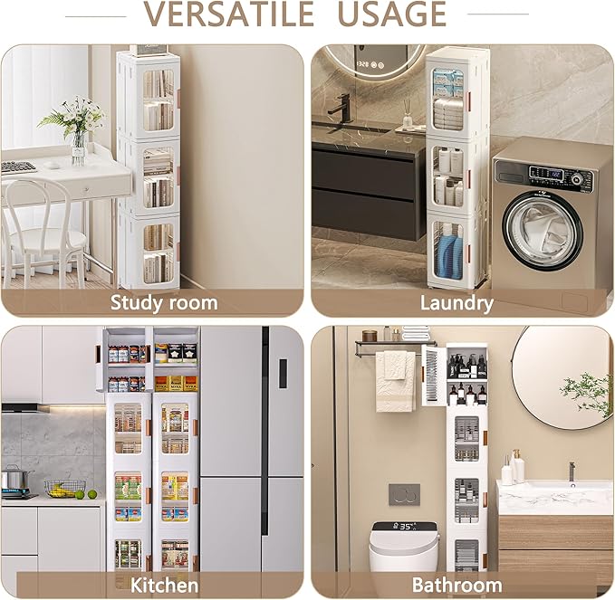 VECELO 4-Tier Tall Narrow Storage Cabinet with Movable Wheels, Adjustable Shelves, Anti-Tip, Slim, for Small Space, Bathroom, Kitchen, Laundry, White