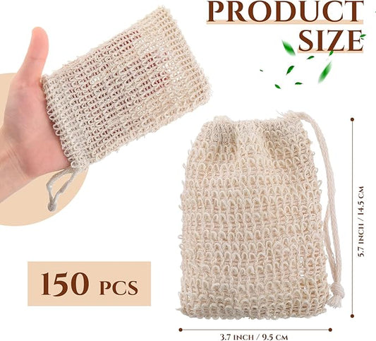 Rtteri 150 Pcs Soap Exfoliating Bag, Natural Sisal Soap Pouch Saver Body Shower Bar Mesh Body Net with Drawstring for Foaming and Drying