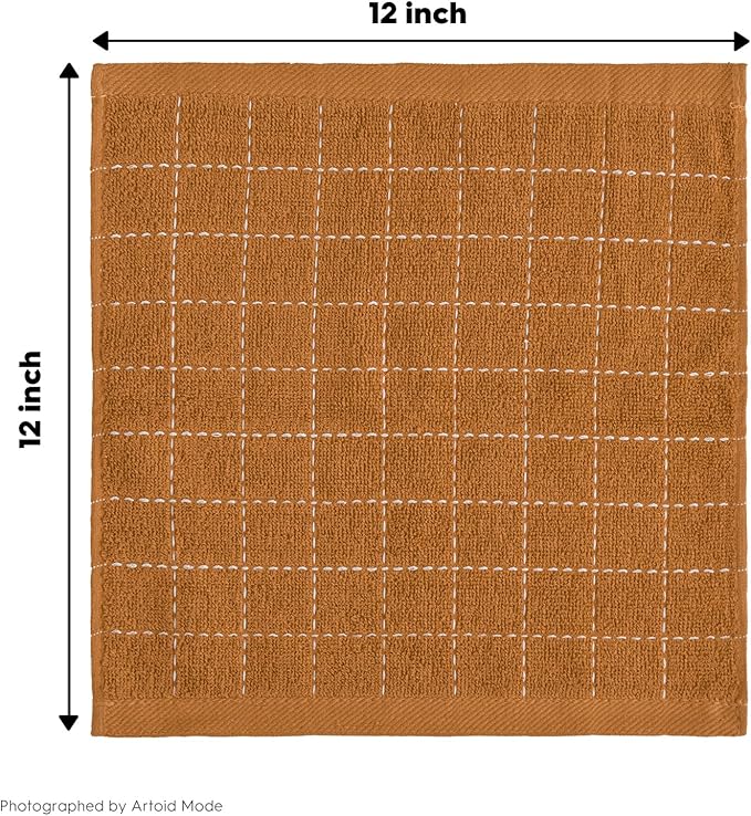 Artoid Mode Checkered Designed Cotton Black Caramel Terry Kitchen Dish Cloths, 12x12 Inch Soft Absorbent Quick Drying Cleaning Kitchen Rags Set of 6