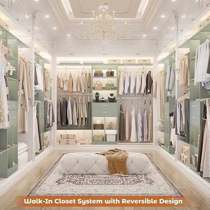 Closet System - 4.75-8FT Closet Organizer System with Wooden Drawers & Cube Storage Organizer, Up To 96" Closet Systems for Nursery & Walk-In Closets with Cuttable Hanging Shelving, Crab Green