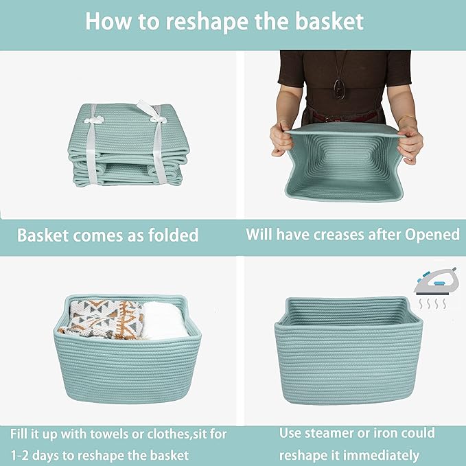 Cotton Rope storage Basket Bins Woven Basket for Organizing Shelves Rectangle Decorative Baskets For storage Clothes Toys Books Towels Square Wicker Nursery basket organizer 3 pack Green