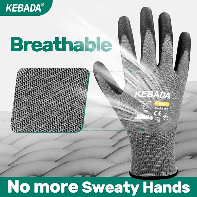 Kebada W1 Work Gloves for Men and Women, PU Coated Safety Gloves with Grip, Touchscreen, Ideal for Warehouse Package Handling, Construction, Gardening, 12 Pairs, Gray X-Small
