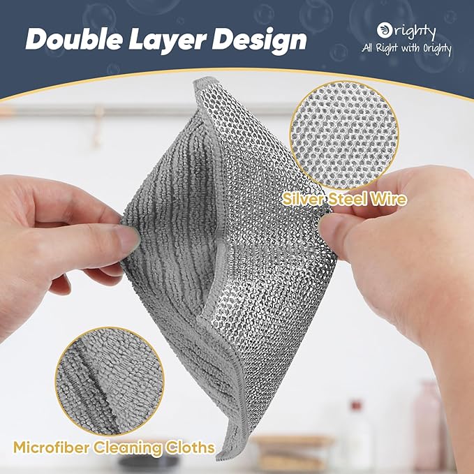 Orighty Multipurpose Wire Dishwashing Rag 24 Pcs, Upgraded Double-Layer Non-Scratch Wire Dish Cleaning Cloths, Reusable Steel Scrubber for Kitchen, Powerful Dishcloth Rag for Cookware, Grey, 7"x8"