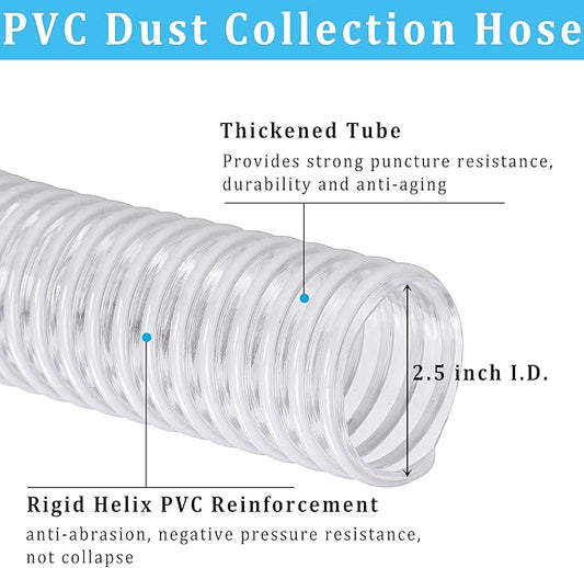 Dust Collection Hose 2-1/2 in × 20 ft Heavy Duty Clear Flexible PVC Reinforced Thicken Helix Suction Discharge Corrugated Pipe Hose for Fume Dust Collector Fitting Wood Chip Saw (2.5 inch hose)