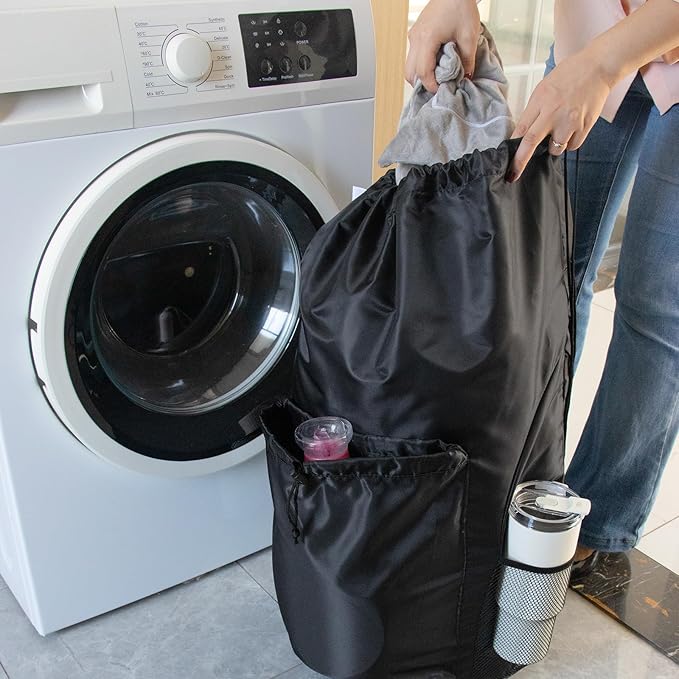 Polecasa Extra Heavy Duty Large Backpack Laundry Bag with Comfortable Padded Shoulder Straps & 4 Pockets, Sturdy & Durable Clothes Storage Bags, Hamper Drawstring bag for Dorm, College, Travel, Black