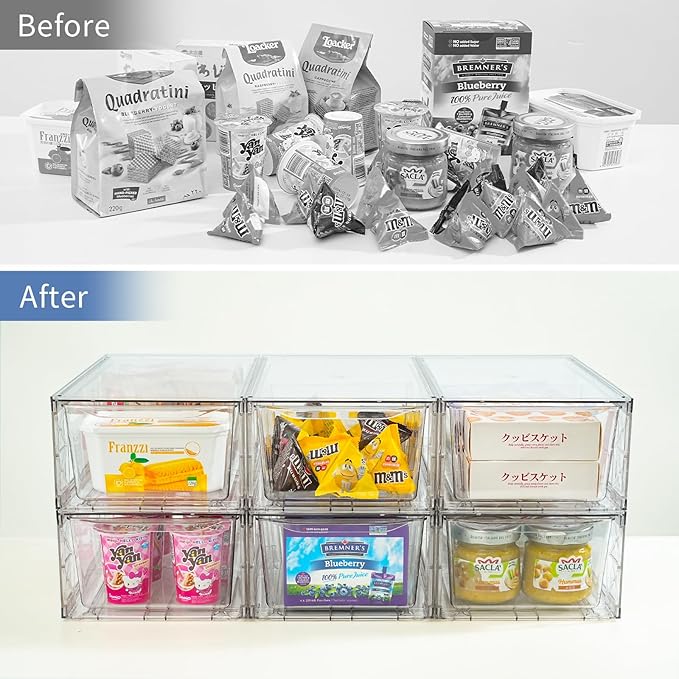 Plastic Drawers Storage, 6Pack Clear Stackable Storage Drawers, Acrylic Storage Bins with Drawers for Fridge Organizers, PlasticDrawers Stackable for Makeup Organizers Cosmetic Display, Medium