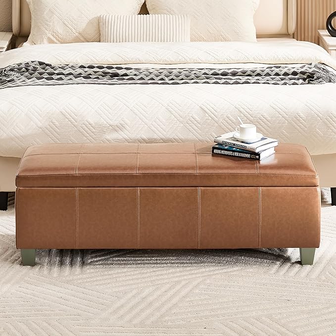 41" Faux Leather Storage Ottoman, Stitch Tufted Rectangle Upholstered End of Bed Storage Bench, Entryway Large Couch Ottoman with Wooden Legs, Light Brown