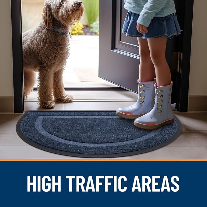 OLANLY Half Circle Door Mat Indoor Outdoor Entrance Welcome, Waterproof All-Season, All-Weather Doormat, Sturdy Natural Rubber, Low Profile, Easy Clean Patio Porch Entryway Mat, 29.5x17, Blue