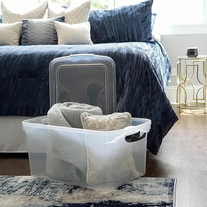 HOMZ 2-Pack Latching Lid, Large Clear Plastic Storage Bins with Lids, 66 Quart, Gray Latch - Stackable Container Boxes for Home, Bathroom, and Office Organization