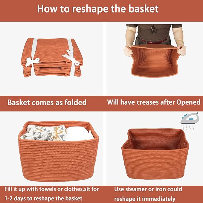 Cotton Rope storage Basket Bins Woven Basket for Organizing Shelves Rectangle Decorative Baskets For storage Clothes Toys Books Towels Square Wicker Nursery basket organizer 3 pack Rust