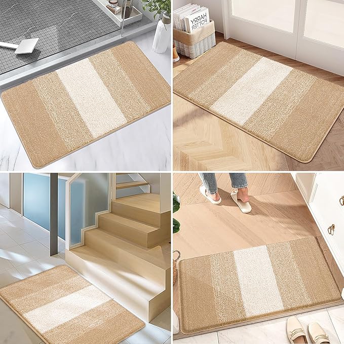 Kitinjoy Indoor Outdoor Door Mat, 40x32 Non-Slip Absorbent Dirt Trapper, Low-Profile Washable Inside Entrance Front Floor Mat, Sturdy Soft Entry Doormats for Entryway, Beige