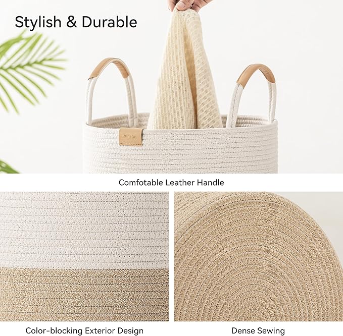 75L Striped Laundry Hamper with Leather Handles,Large Foldable Laundry Basket for Clothes,Cotton Rope Storage Bin for Blankets,Woven Clothes Basket for Bedroom,Beige Stripes