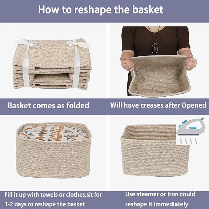 Rope storage Basket Bins Woven Basket for Organizing Shelves Rectangle Decorative Baskets For storage Clothes Toys Books Towels Square Wicker Nursery basket organizer 3 pack Oatmeal