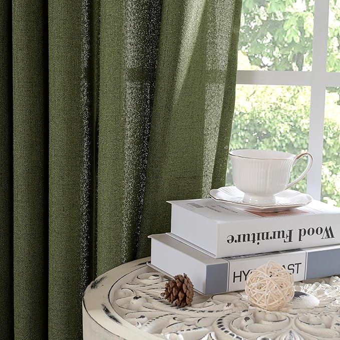 YoungsTex Olive Green Linen Curtains 40 Inch Length for Kitchen Window, Short Semi Sheer Drapes Textured Light Filtering with Rod Pocket Back Tab for Cafe Bathroom, 2 Panels, 42 X 40 Inch