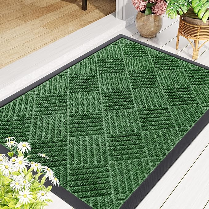 Smiry Front Door Mat Outside Entrance, Heavy Duty Outdoor Indoor Natural Rubber Doormat, Non Slip, Trap Dirt and Moisture, Easy Clean, Low Profile Patio Porch Entryway Mat, 59x35, Green