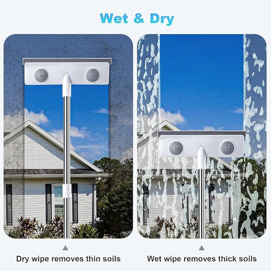 IMHO Mesh Screen Cleaner, Glass Wiper, Dust Paper Clip,3 in 1 Wet and Dry Screen Cleaner with Long Handle Wiper for Shower, Glass, Floor, Tile Walls, Car Windshield, White